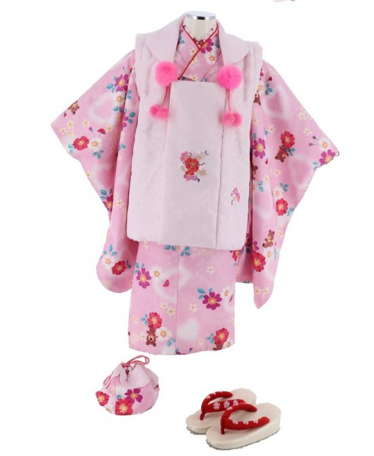 七五三 3歳女の子用被布[シンプル可愛い]淡いピンクに花(着物)紫がかったピンクに熊と花No.70H